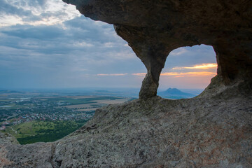 Hole in the rock. Eagle rocks of Beshtau mount, Stavropol Krai, Caucasus, Russia.