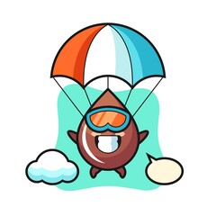 chocolate drop mascot cartoon is skydiving with happy gesture