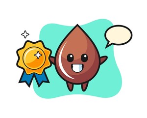 chocolate drop mascot illustration holding a golden badge