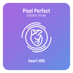 Human heart MRI scan thin line icon. Medical equipment for oncology detection. Pixel perfect, editable stroke. Vector illustration.