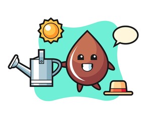 Cartoon character of chocolate drop holding watering can