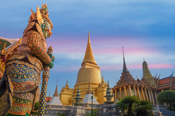 Wat Phra Kaew, Bangkok famous landmark of Thailand. Temple of the Emerald Buddha with blue sky. Landscape of beautiful architecture in Bangkok.