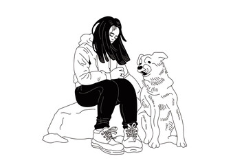 Girl Sat On A Rock With Her Dog. Vector Art. Illustration.