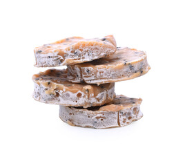 java sugar or palm sugar or brown sugar in cube on white background