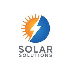 solar energy solution logo design template with sun, electricity bolt icon and blue solar panel