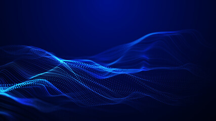 Abstract wave with moving dots. Flow of particles. Cyber technology illustration. 3d rendering