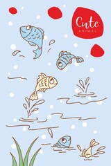 Cartoon cute fishes jump out of the water, on blue background.