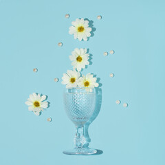 Creative layout with champagne glass, pearls and white daisies spring flowers on pastel blue...