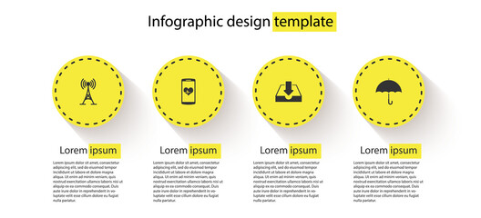 Set Antenna, Smartphone with heart rate, Download inbox and Umbrella. Business infographic template. Vector