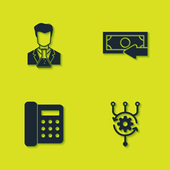 Set Scientist and test tube, Algorithm, Telephone and Cash back icon. Vector