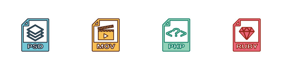 Set PSD file document, MOV, PHP and RUBY icon. Vector