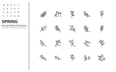 set of spring thin line icons, perfect pixel 64x64 ,leaf, green, plants. nature