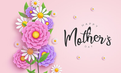 Mother's day background with realistic flower and typography, floral decoration with calligraphy vector illustration