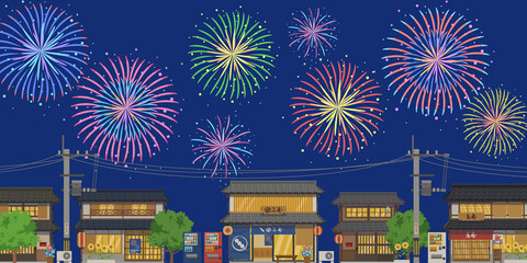日本の夏の街並みの風景ベクターイラスト横 背景 コピースペース Wall Mural Honyojima