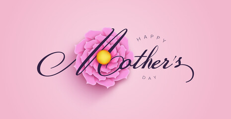 Happy Mother's day typography design with flower and green leafs, floral decoration with calligraphy vector illustration