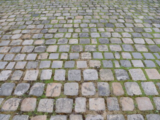 A close up on the cobblestone of the Saint-Martin Canal in the east of Paris. March 2021.