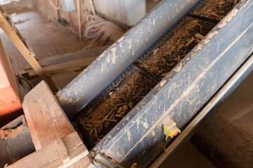 Close up of sawdust wood chips in orange processing machine