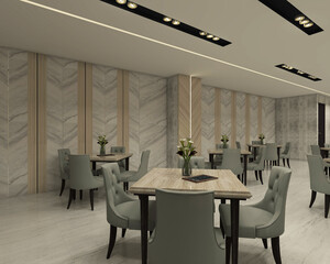 Simple wooden table and comfortable chair for interior restaurant and cafe room using wall paneling ornament and modern indirect lighting 