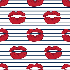 Valentine's Day vector seamless pattern. Kisses, Sexy red Lips on navy blue white Striped background. Make up, cosmetics, fashion. Template, texture for print, poster, card, textile, wrapping paper