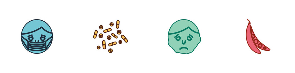 Set Face in protective mask, Medicine pill or tablet, Inflammation on face and Kidney beans icon. Vector