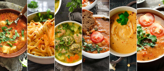 Varied food. Delicious lunch assortment. Vegetable soups and borscht. Food collage.