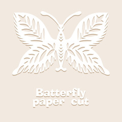 Vintage Butterfly paper cut style art icon in black color, isolated background. Scissored pattern. Retro collection for decorative design, paper cut machine, scrapbooking, sticker Vector