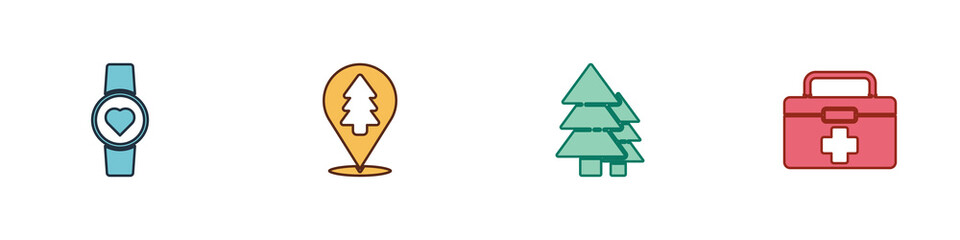 Set Smart watch showing heart beat rate, Location of the forest, Tree and First aid kit icon. Vector