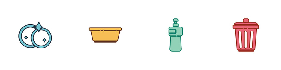 Set Washing dishes, Plastic basin, Dishwashing liquid bottle and Trash can icon. Vector