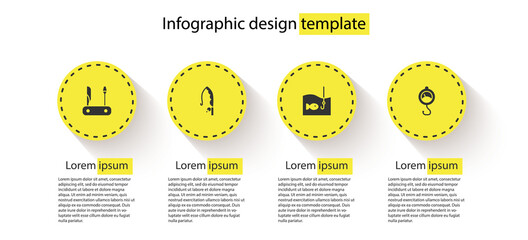 Set Swiss army knife, Fishing rod, hook with fish and Spring scale. Business infographic template. Vector