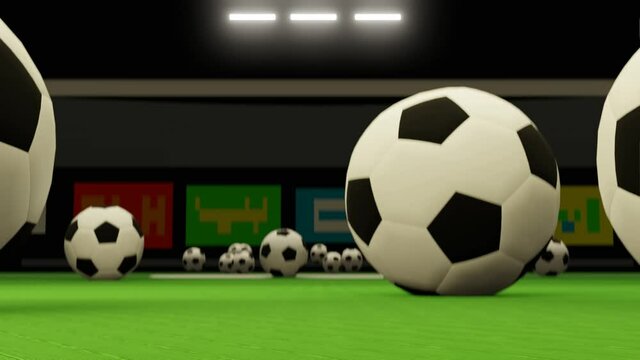 Closeup the soccer balls is spinning on the stadium floor with camera front view. The stadium is built in 3D without the need for existing references., 4K animation loops footage
