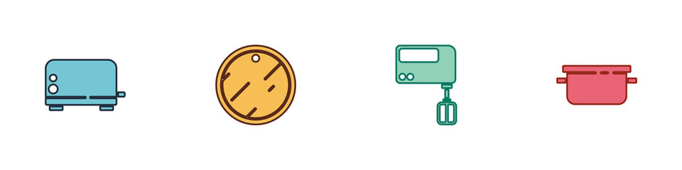 Set Toaster, Cutting board, Electric mixer and Cooking pot icon. Vector