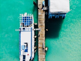 Aerial View of Wooden Pier in Green Turquoise Ocean