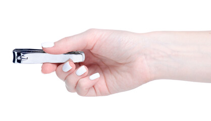 Manicure nail clipper in hand on white background isolation
