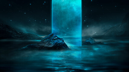 Futuristic fantasy night landscape with abstract landscape and island, moonlight, shine, moon. Dark natural scene with reflection of light in the water, neon blue light. Dark neon circle background. 