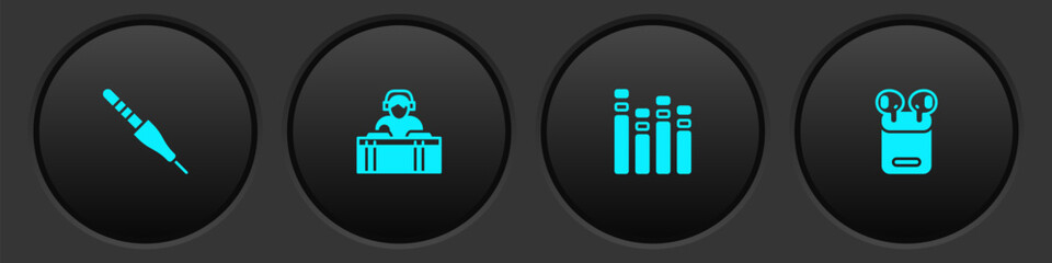 Set Audio jack, DJ playing music, Music equalizer and Air headphones box icon. Vector