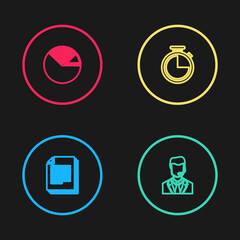 Set line Document, Man with a headset, Stopwatch and Pie chart infographic icon. Vector