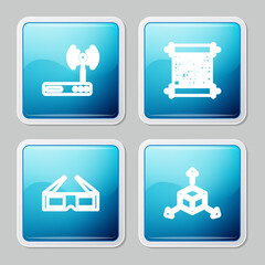 Set line Router and wi-fi, Paper scroll, 3D cinema glasses and Isometric cube icon. Vector