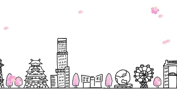 春の大阪の街並みと青空のループアニメーション（フグバージョン）