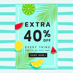 Summer sale banner with lemon and watermelon palm tropical on blue green bamboo style background for business shop promotion for banner, poster online website presentation