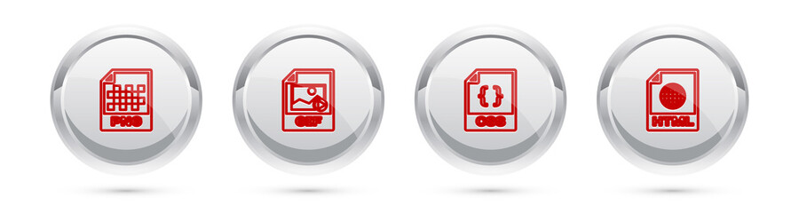 Set line PNG file document, GIF, CSS and HTML. Silver circle button. Vector