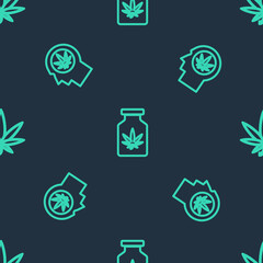 Set line Medical bottle with marijuana, Head in profile and Marijuana or cannabis leaf on seamless pattern. Vector