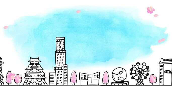 春の大阪の街並みと青空のループアニメーション（フグバージョン）