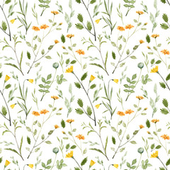 Seamless pattern with hand painted watercolor yellow flowers and leaves