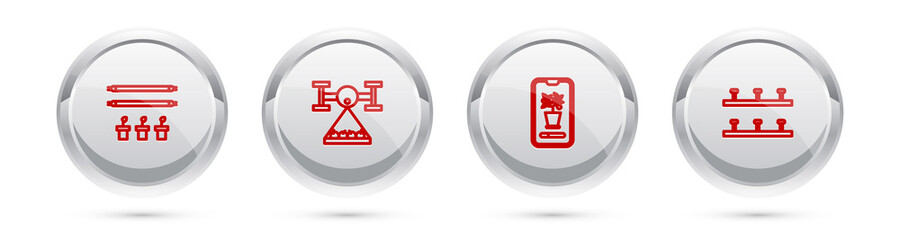 Set line Smart farm with bulb and plant, drone, control farming system and Automatic irrigation sprinklers. Silver circle button. Vector