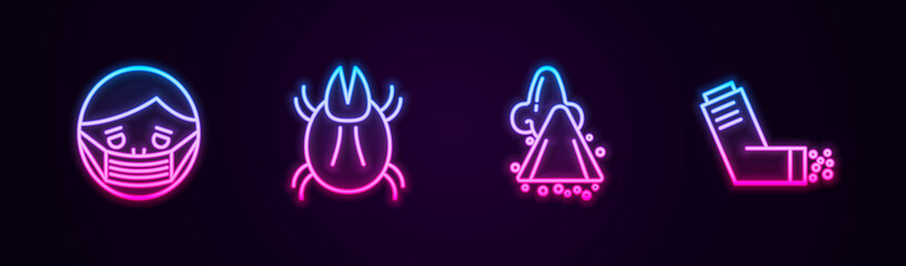 Set line Face in protective mask, Parasite mite, Runny nose and Inhaler. Glowing neon icon. Vector