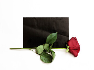 A dried rose and a black piece of paper. The concept of sadness, the past tense.