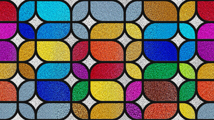Seamless pattern for stained glass. Sketch of a colored stained glass window. Geometric background. Optical illusions. Color Op Art. Transparent multicolor glass. Rectangles. Colored glass texture.