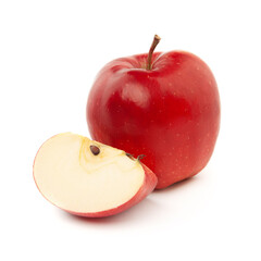 A whole and sliced red apple on a white background.