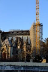 A ray of sunlight in the end of the day at Notre Dame, during its recontruction. March 2021, Paris...