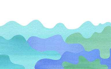 watercolor wavy hills silhouette, hand painted background with hues of blue cerulean and azure shapes